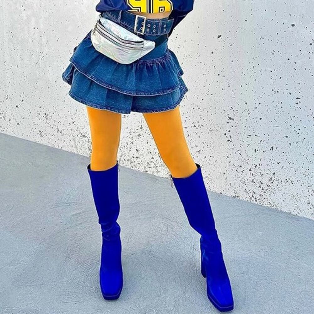 Rag & Co Presto Blue Stretchable Satin Knee High Long Boots Women's Size 8 NEW